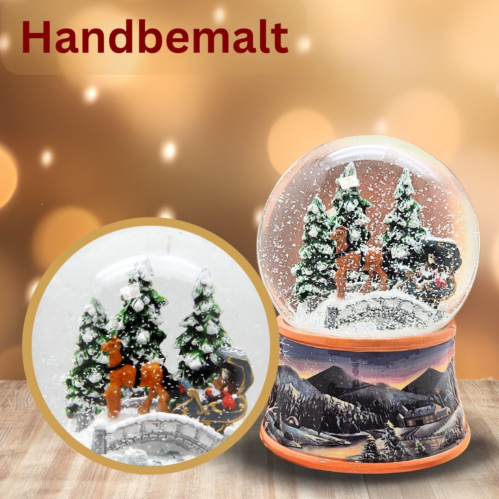 Nostalgische Schneekugel Kutsche über Brücke auf Sockel Winterlandschaft 100 mm Durchmesser mit Spieluhr - Schneekugelhaus
