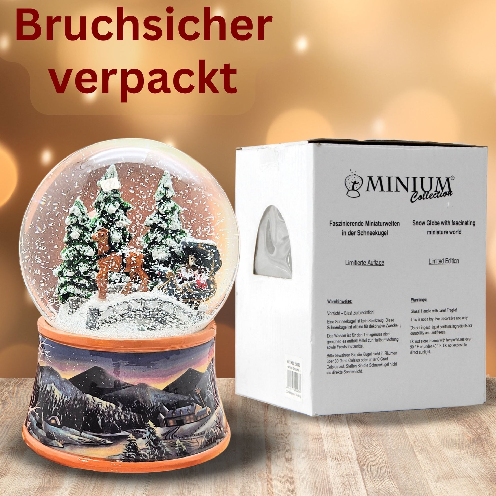 Nostalgische Schneekugel Kutsche über Brücke auf Sockel Winterlandschaft 100 mm Durchmesser mit Spieluhr - Schneekugelhaus