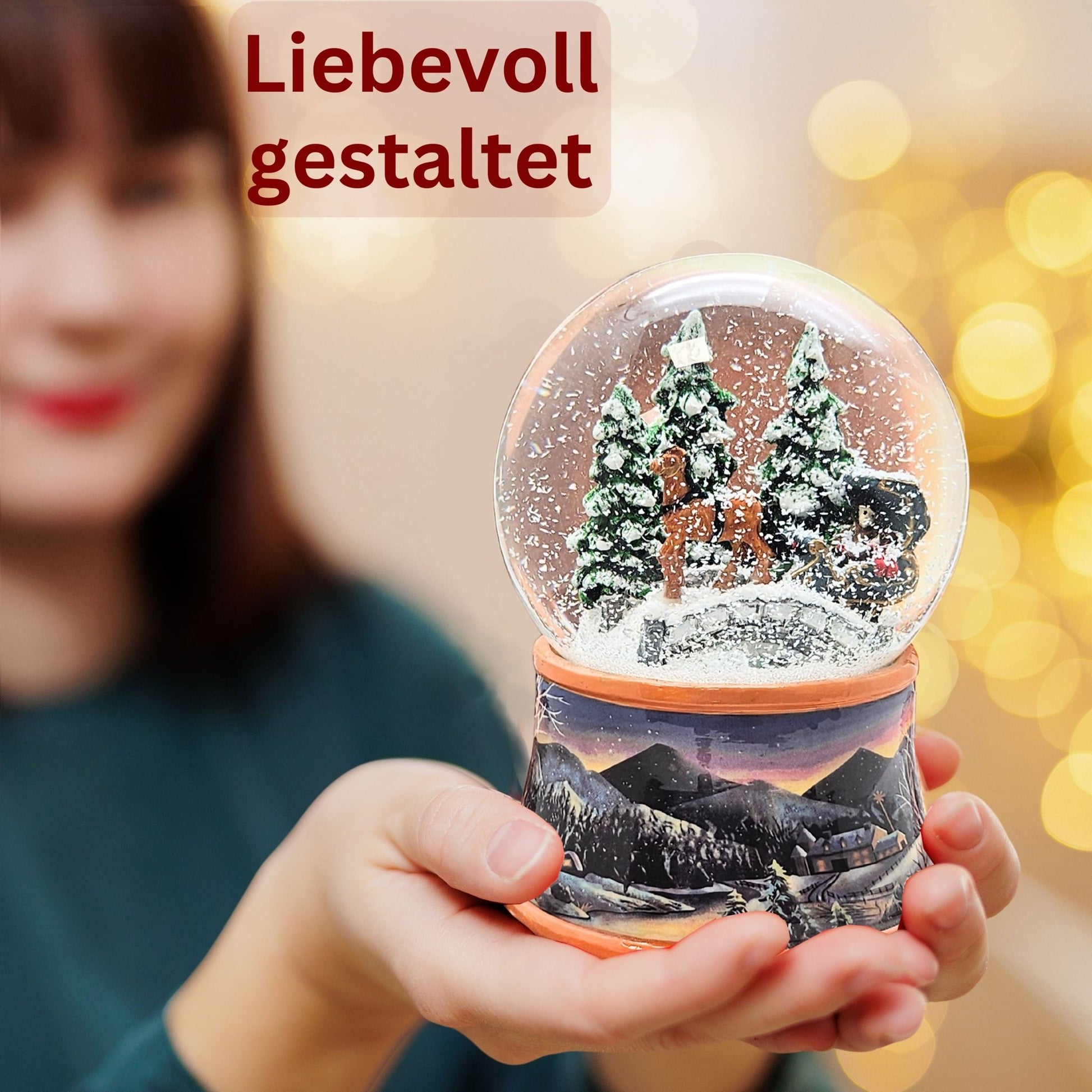 Nostalgische Schneekugel Kutsche über Brücke auf Sockel Winterlandschaft 100 mm Durchmesser mit Spieluhr - Schneekugelhaus