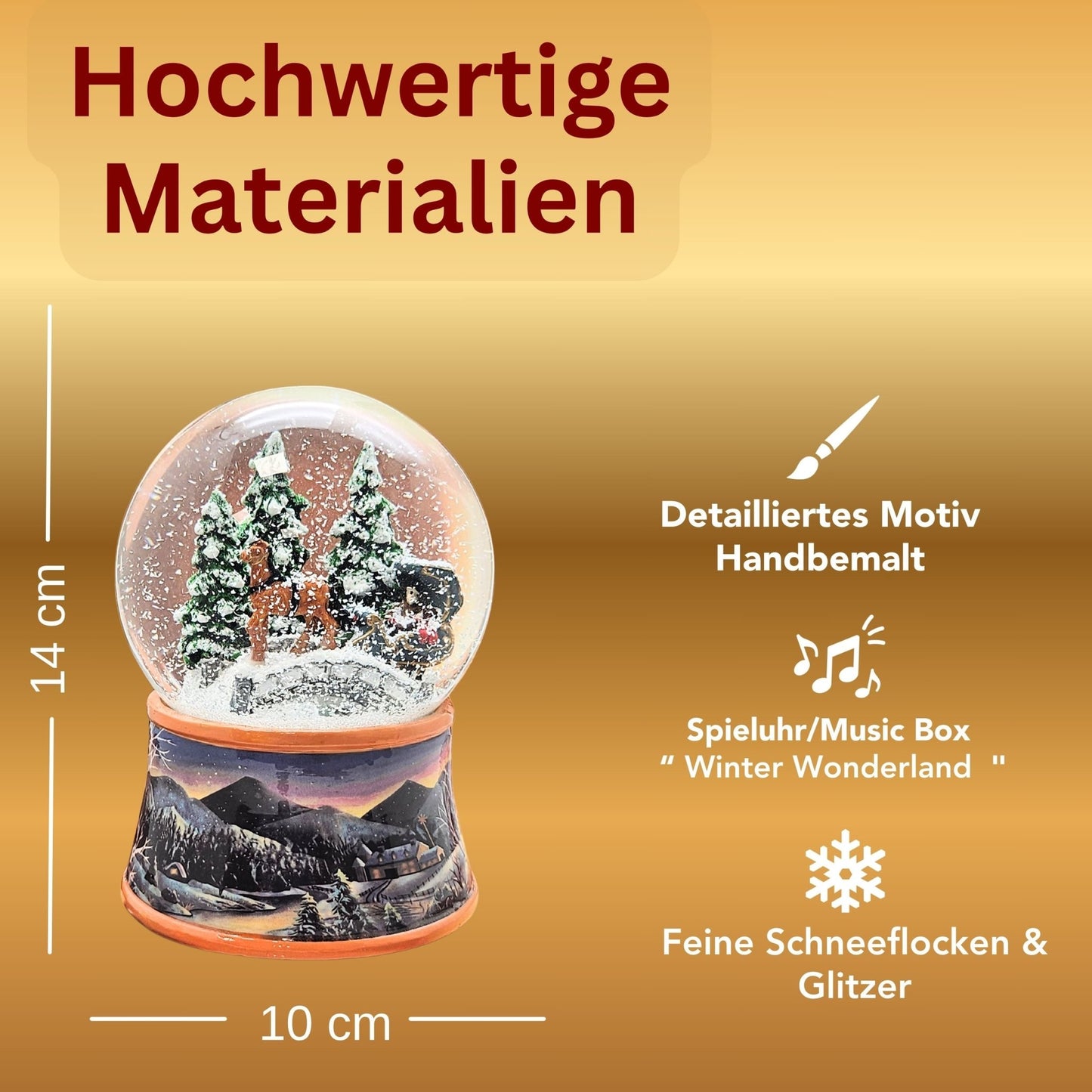 Nostalgische Schneekugel Kutsche über Brücke auf Sockel Winterlandschaft 100 mm Durchmesser mit Spieluhr - Schneekugelhaus