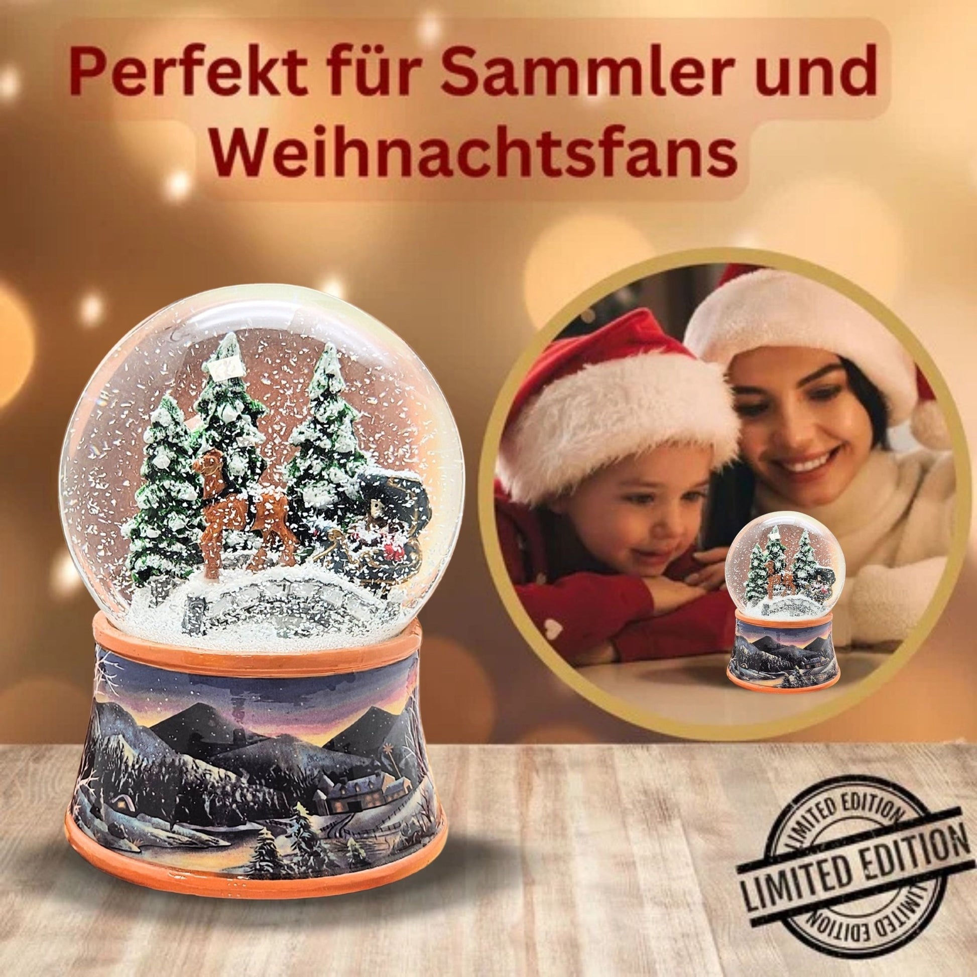 Nostalgische Schneekugel Kutsche über Brücke auf Sockel Winterlandschaft 100 mm Durchmesser mit Spieluhr - Schneekugelhaus