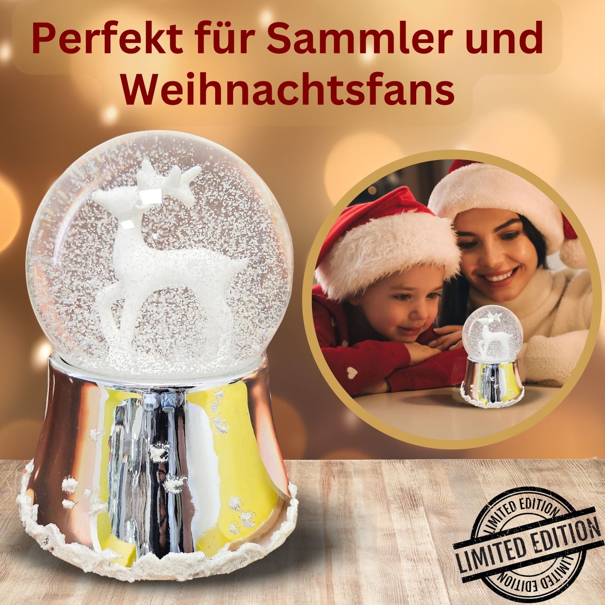 Nostalgische Schneekugel Reh weiß auf Silber Sockel mit Schneeflocken 100 mm Durchmesser mit Spieluhr - Schneekugelhaus
