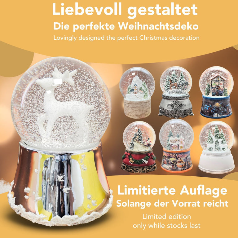Nostalgische Schneekugel Reh weiß auf Silber Sockel mit Schneeflocken 100 mm Durchmesser mit Spieluhr - Schneekugelhaus
