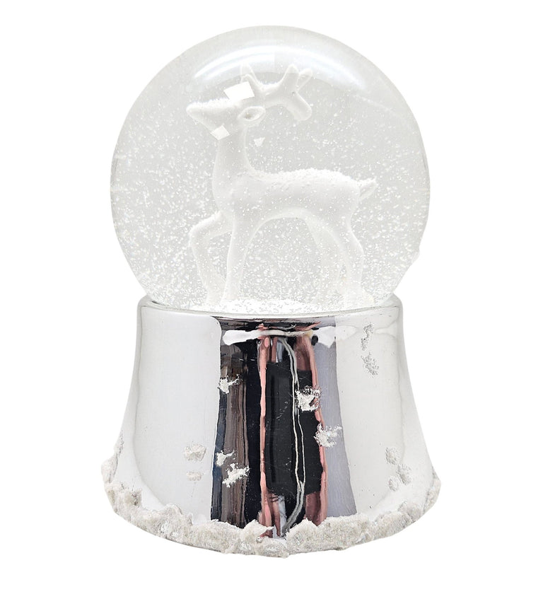 Nostalgische Schneekugel Reh weiß auf Silber Sockel mit Schneeflocken 100 mm Durchmesser mit Spieluhr - Schneekugelhaus