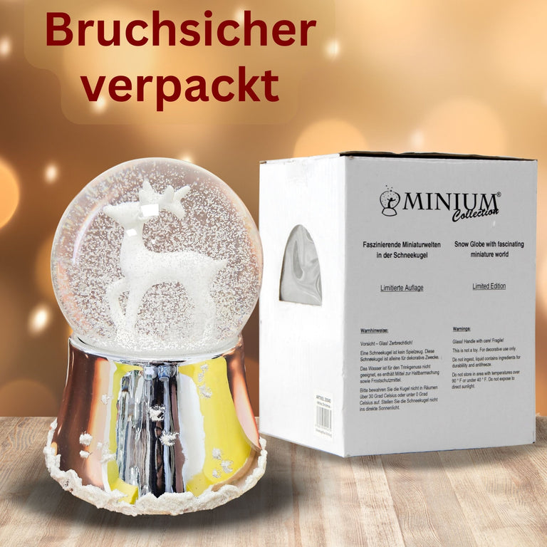Nostalgische Schneekugel Reh weiß auf Silber Sockel mit Schneeflocken 100 mm Durchmesser mit Spieluhr - Schneekugelhaus