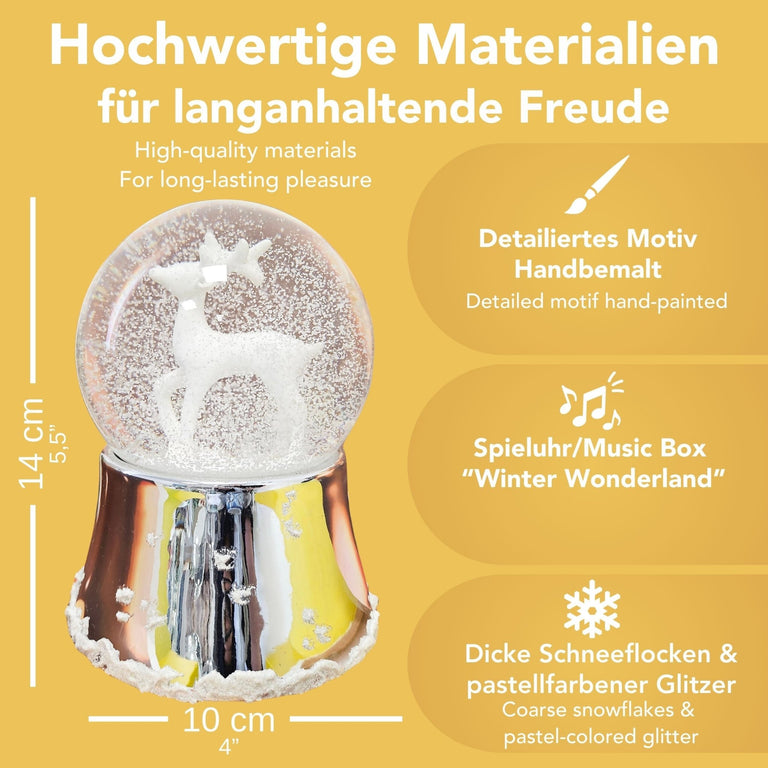 Nostalgische Schneekugel Reh weiß auf Silber Sockel mit Schneeflocken 100 mm Durchmesser mit Spieluhr - Schneekugelhaus