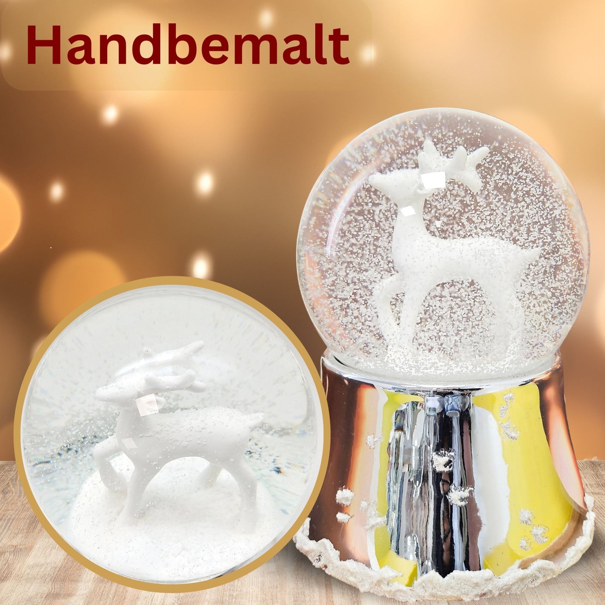 Nostalgische Schneekugel Reh weiß auf Silber Sockel mit Schneeflocken 100 mm Durchmesser mit Spieluhr - Schneekugelhaus