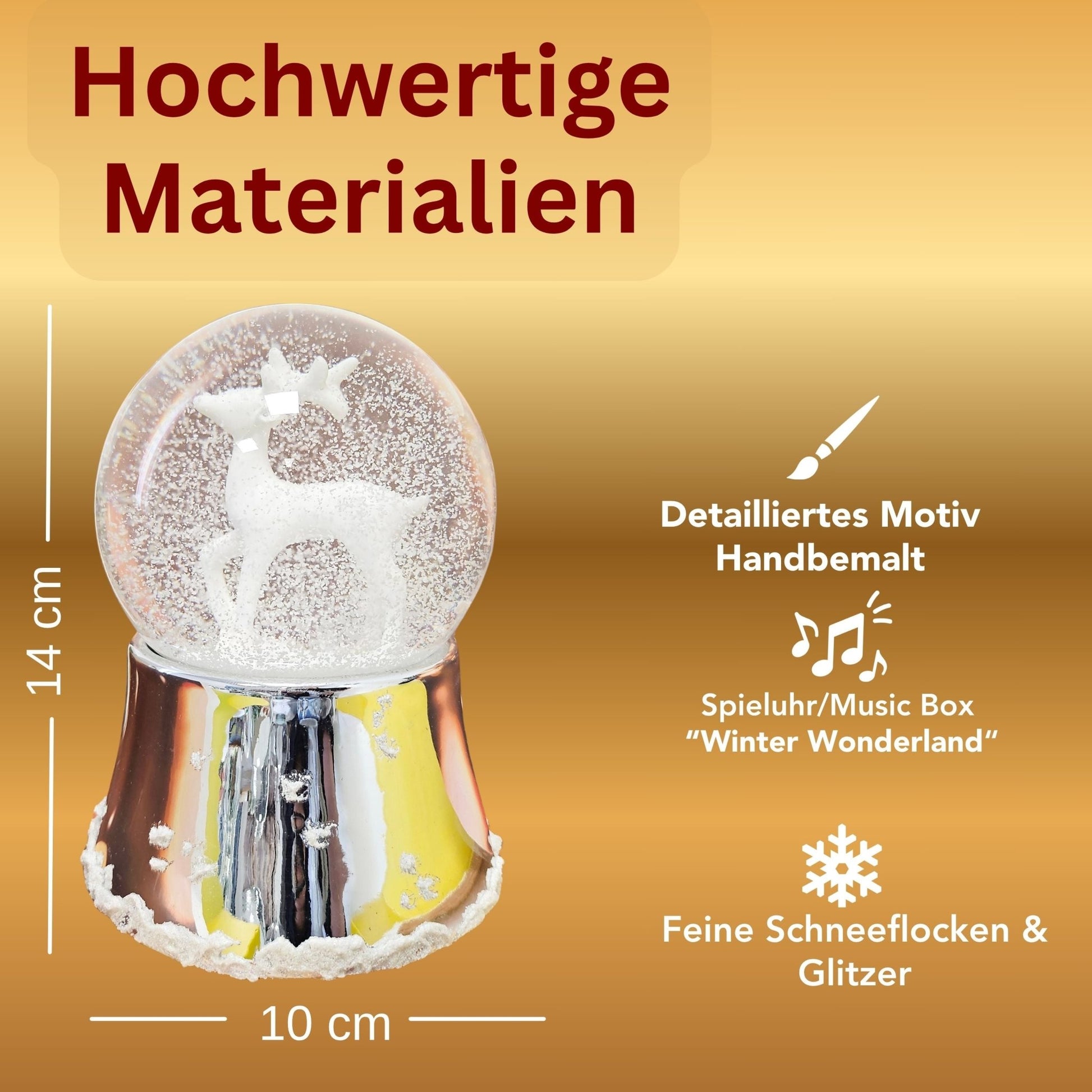 Nostalgische Schneekugel Reh weiß auf Silber Sockel mit Schneeflocken 100 mm Durchmesser mit Spieluhr - Schneekugelhaus