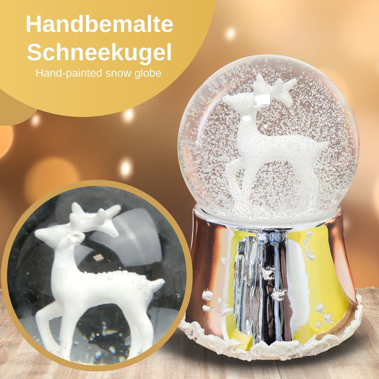 Nostalgische Schneekugel Reh weiß auf Silber Sockel mit Schneeflocken 100 mm Durchmesser mit Spieluhr - Schneekugelhaus