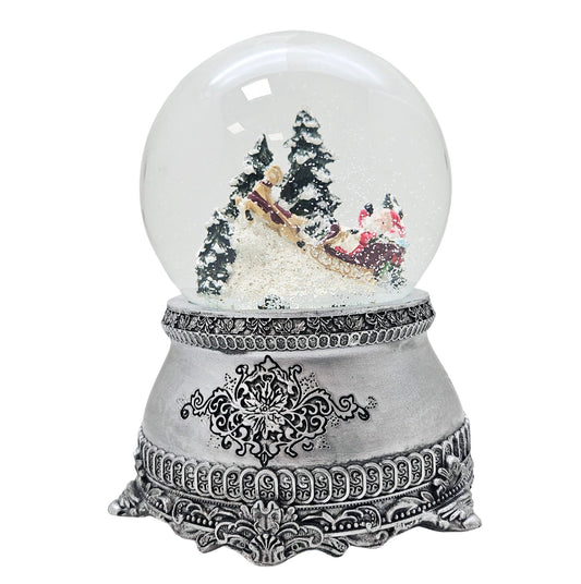 Nostalgische Schneekugel Santa im Schlitten auf Zinnsockel 100 mm Durchmesser mit Spieluhr - Schneekugelhaus