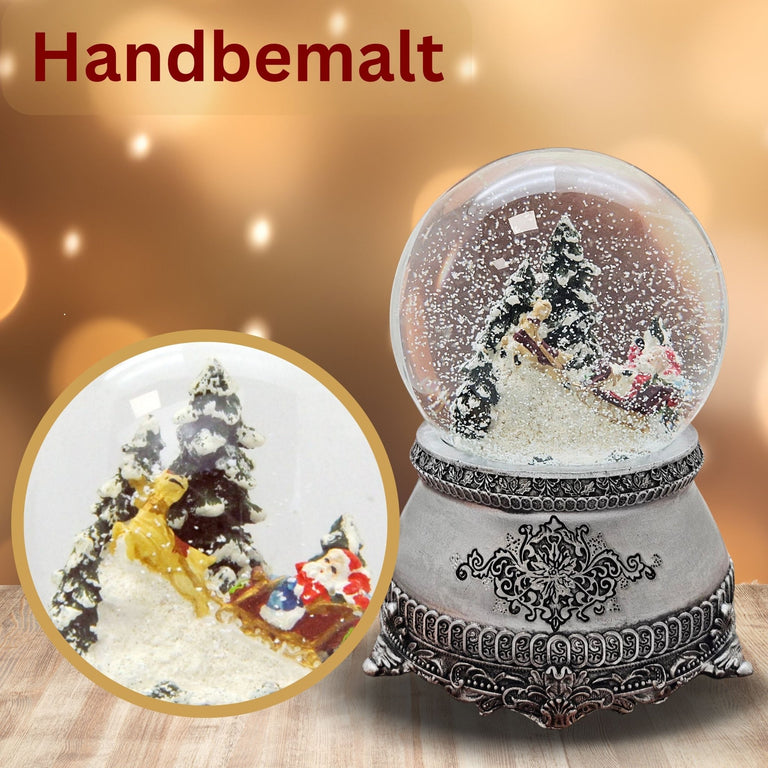 Nostalgische Schneekugel Santa im Schlitten auf Zinnsockel 100 mm Durchmesser mit Spieluhr - Schneekugelhaus