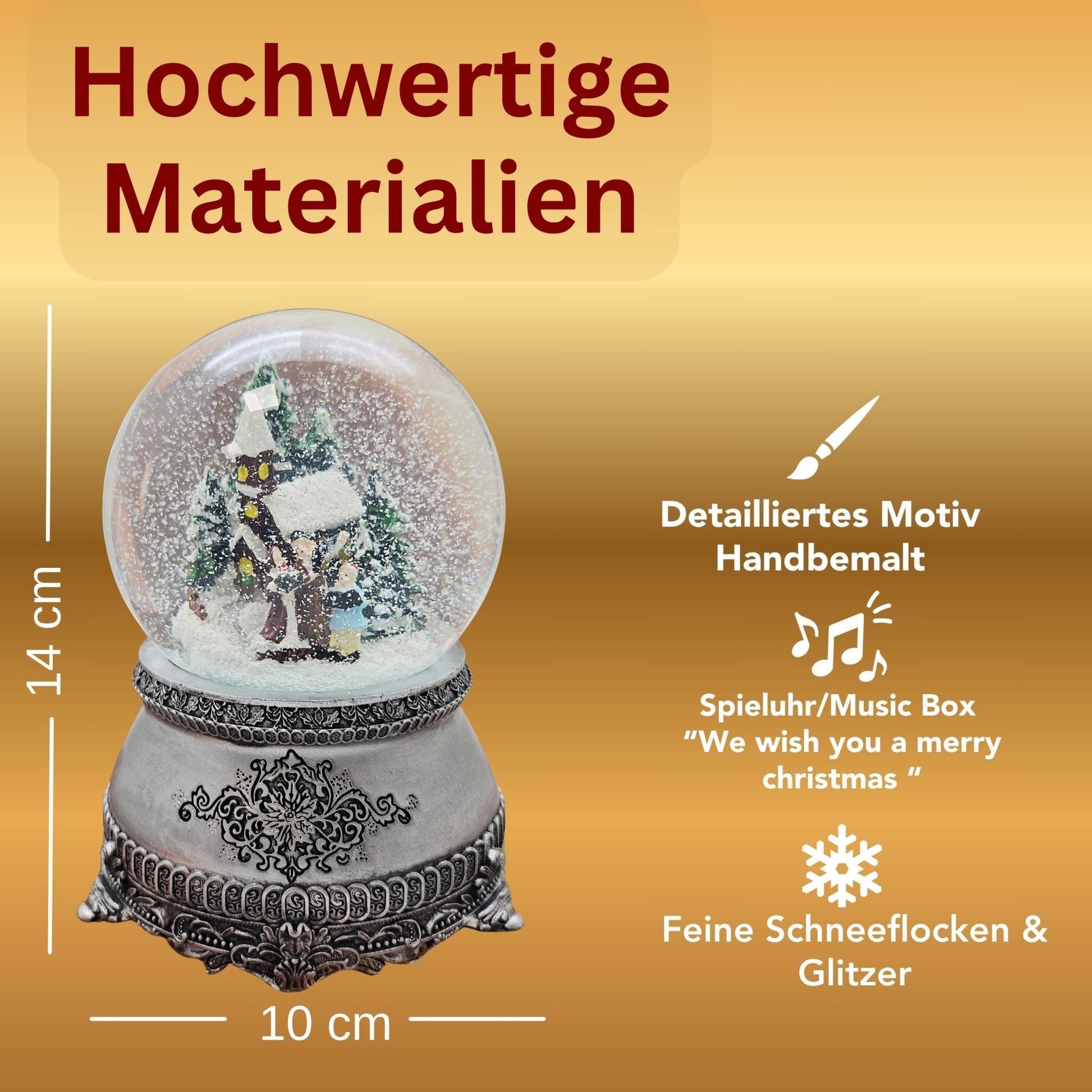 Nostalgische Schneekugel Santa im Schlitten auf Zinnsockel 100 mm Durchmesser mit Spieluhr - Schneekugelhaus