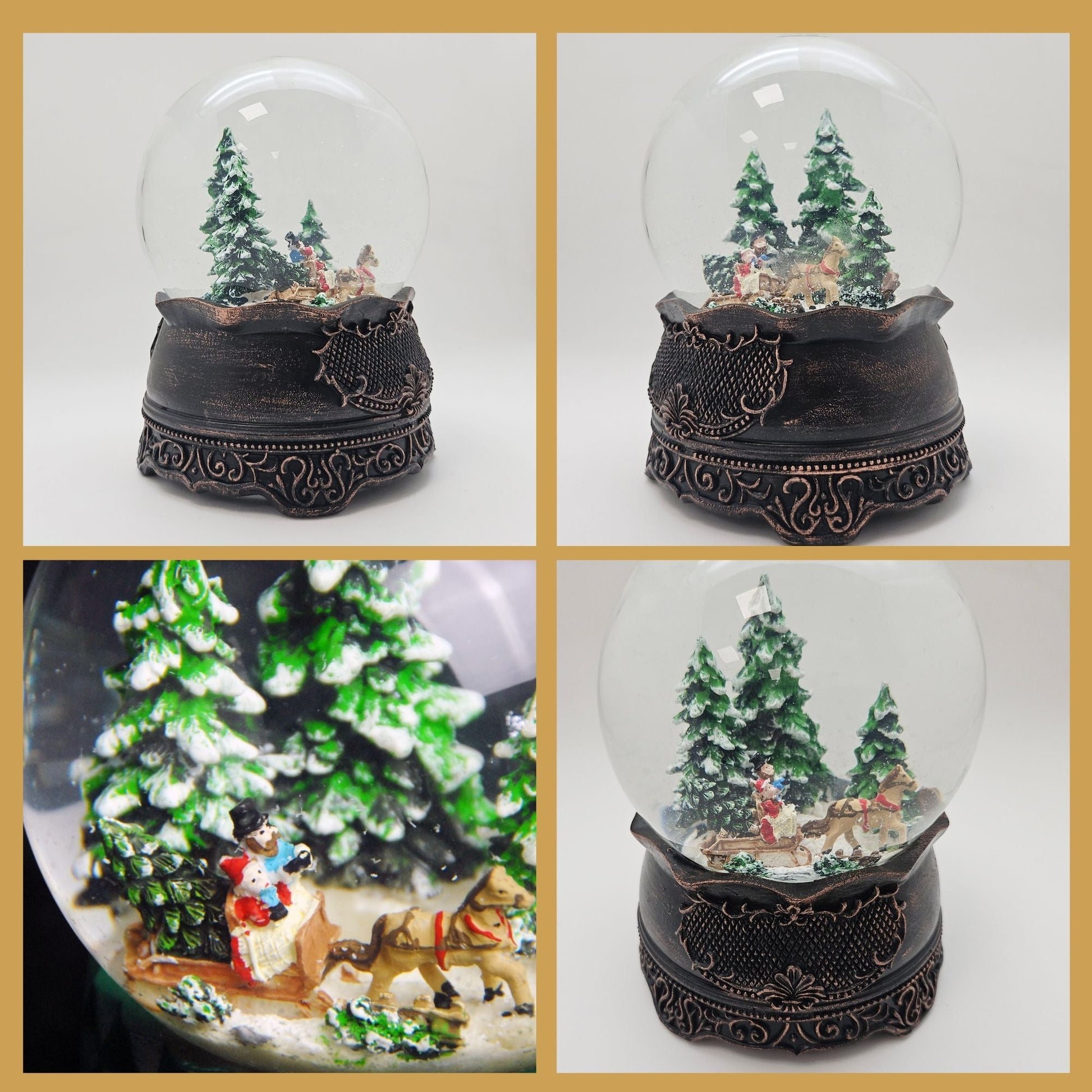 Nostalgische Schneekugel Schlittenfahrt auf Ornamentsockel kupfer antik 100 mm Durchmesser mit Spieluhr - Schneekugelhaus
