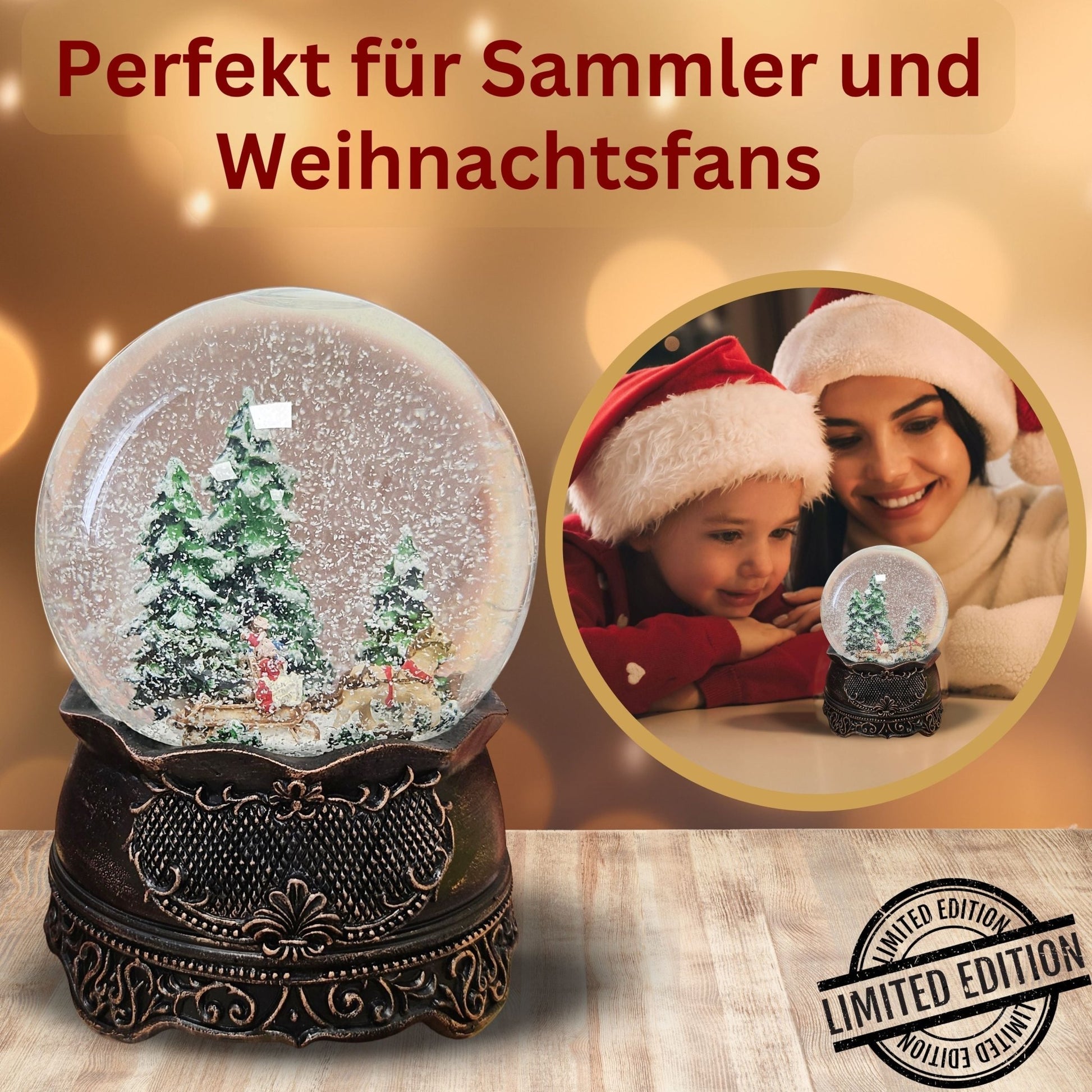 Nostalgische Schneekugel Schlittenfahrt auf Ornamentsockel kupfer antik 100 mm Durchmesser mit Spieluhr - Schneekugelhaus