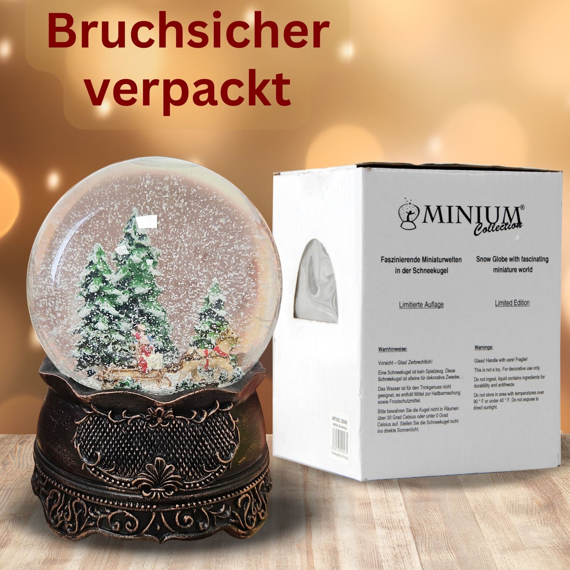 Nostalgische Schneekugel Schlittenfahrt auf Ornamentsockel kupfer antik 100 mm Durchmesser mit Spieluhr - Schneekugelhaus