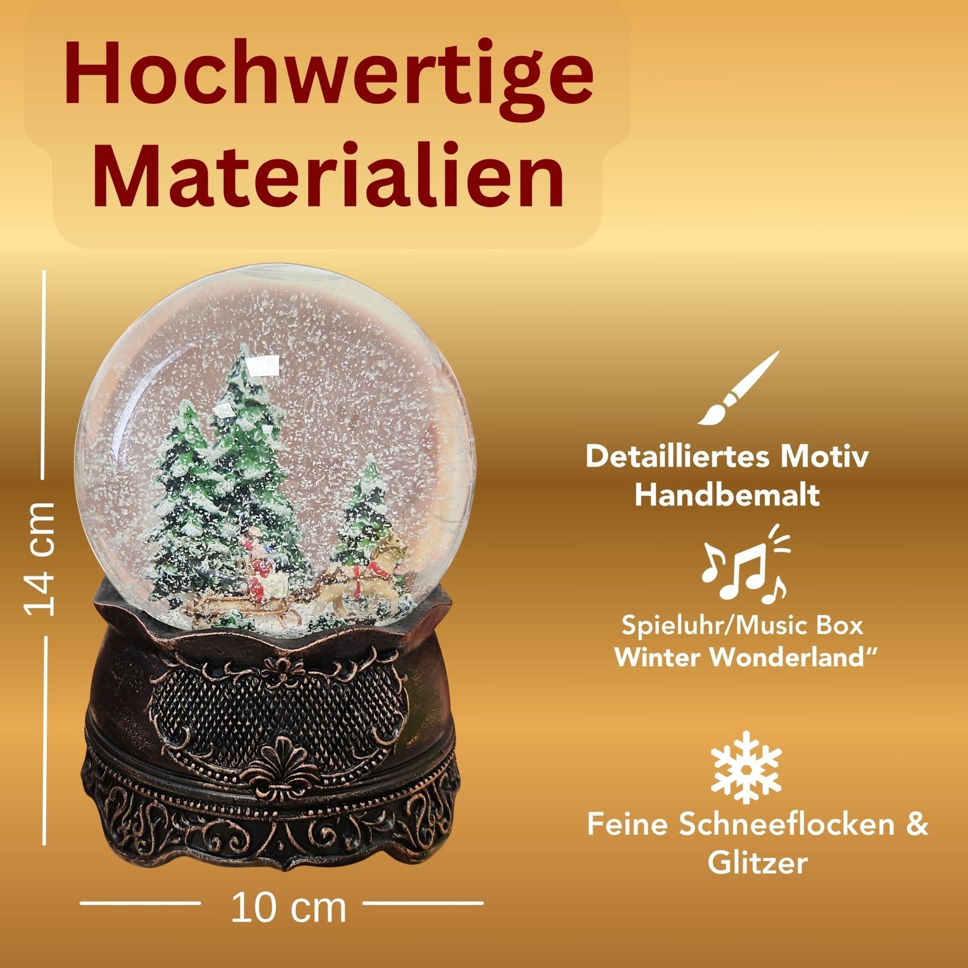 Nostalgische Schneekugel Schlittenfahrt auf Ornamentsockel kupfer antik 100 mm Durchmesser mit Spieluhr - Schneekugelhaus