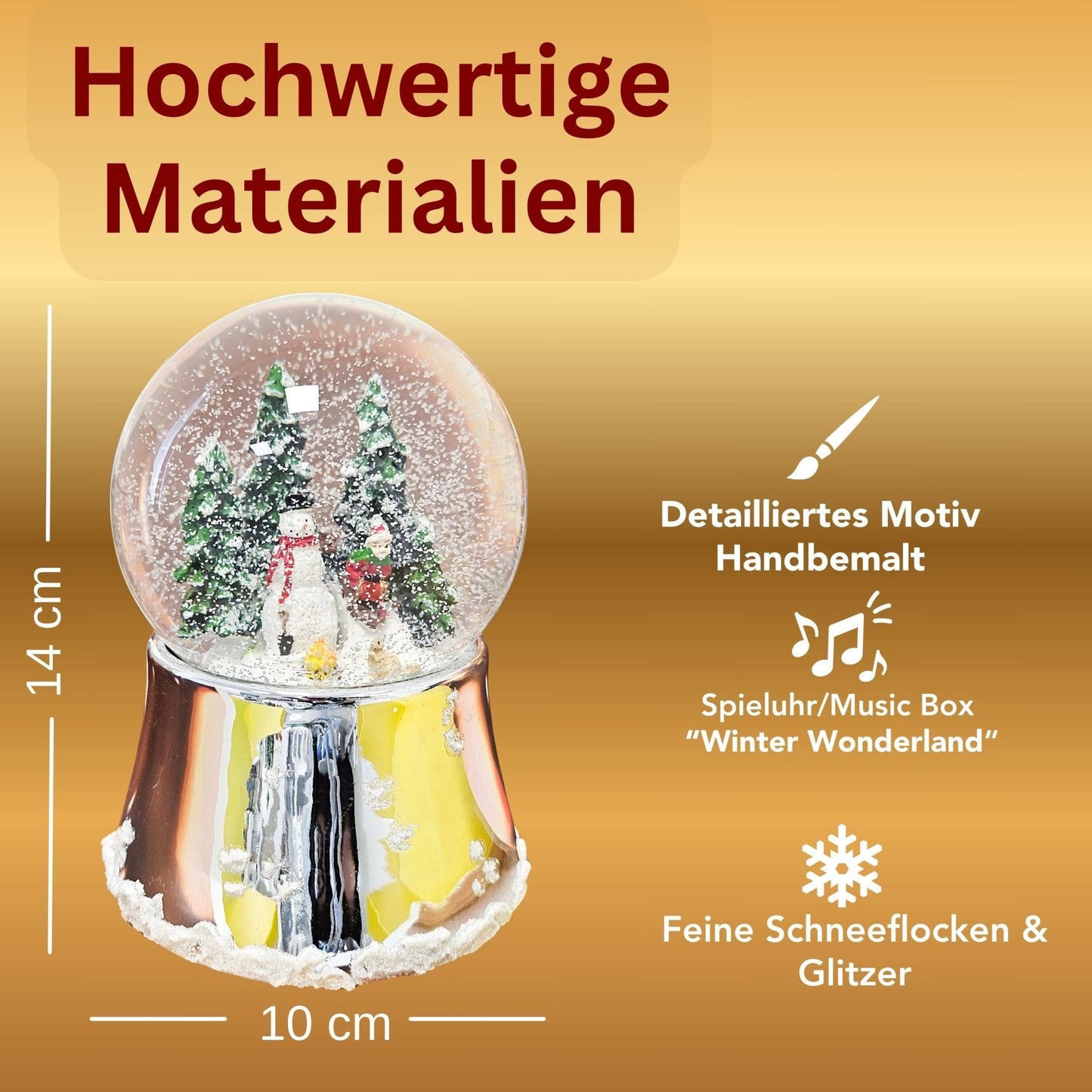 Nostalgische Schneekugel Schneemann steht auf Silber Sockel mit Schneeflocken 100 mm Durchmesser mit Spieluhr - Schneekugelhaus