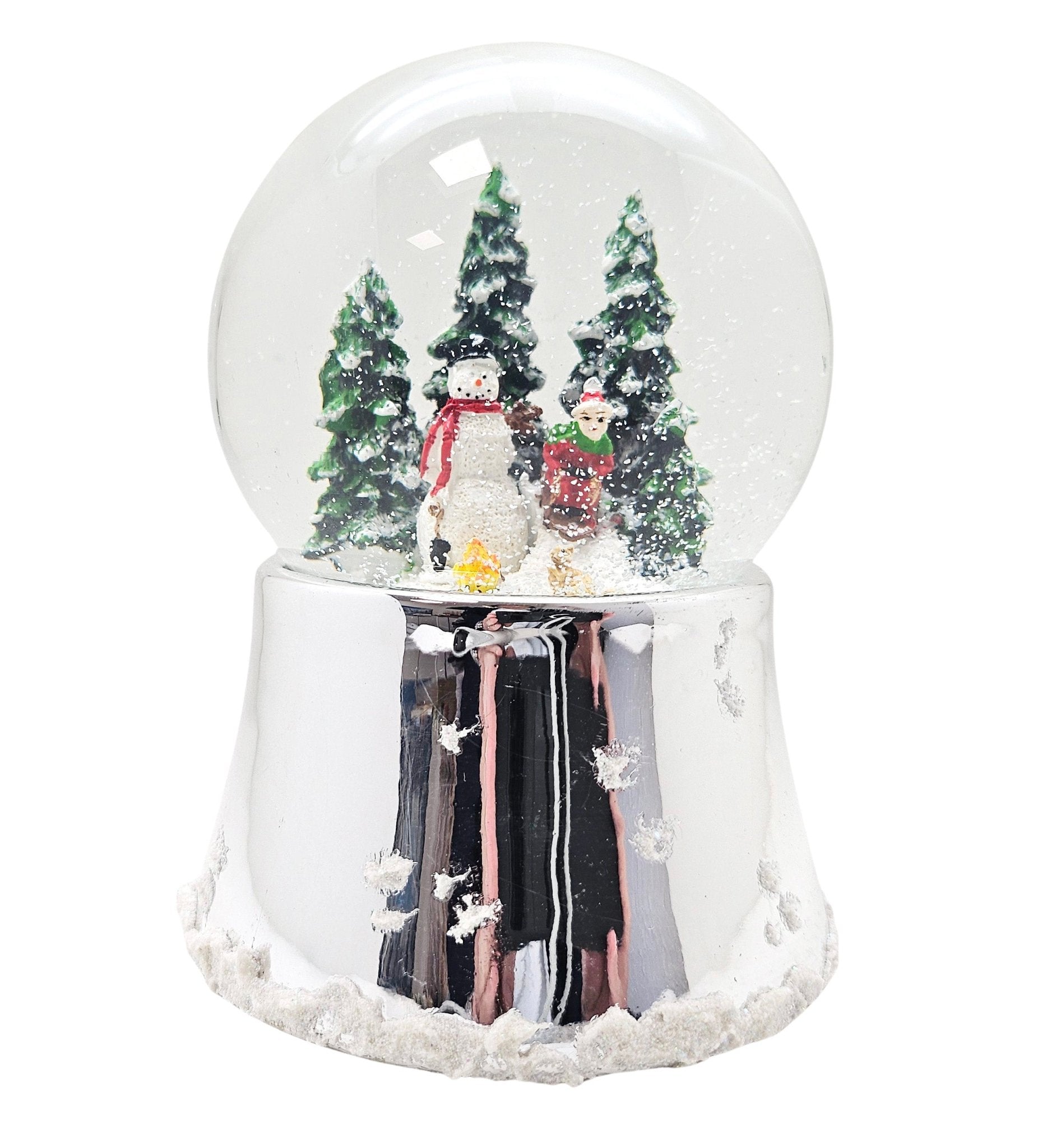 Nostalgische Schneekugel Schneemann steht auf Silber Sockel mit Schneeflocken 100 mm Durchmesser mit Spieluhr - Schneekugelhaus