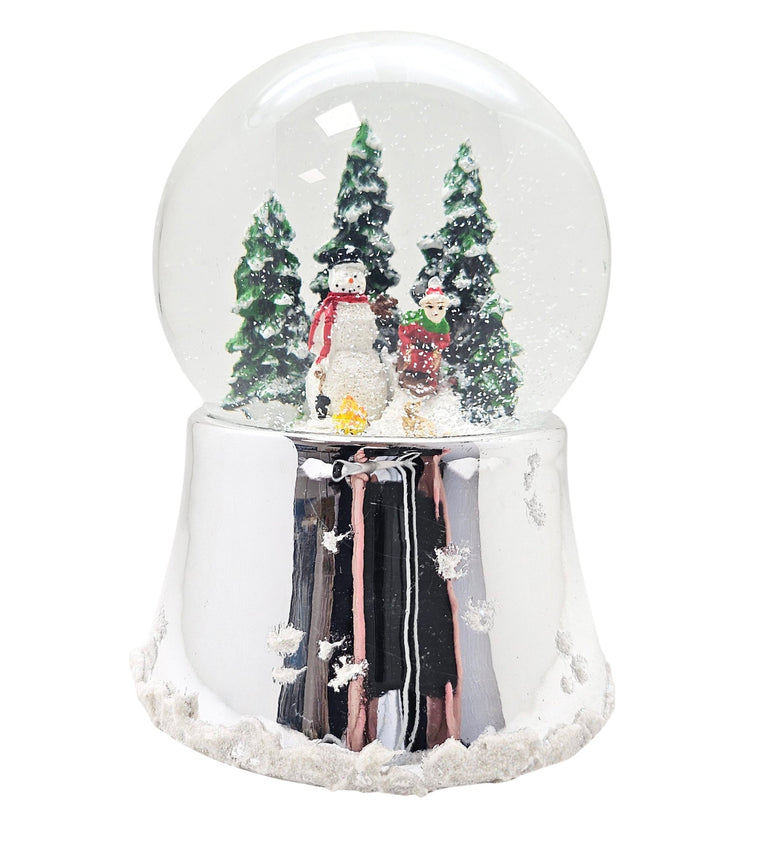 Nostalgische Schneekugel Schneemann steht auf Silber Sockel mit Schneeflocken 100 mm Durchmesser mit Spieluhr - Schneekugelhaus