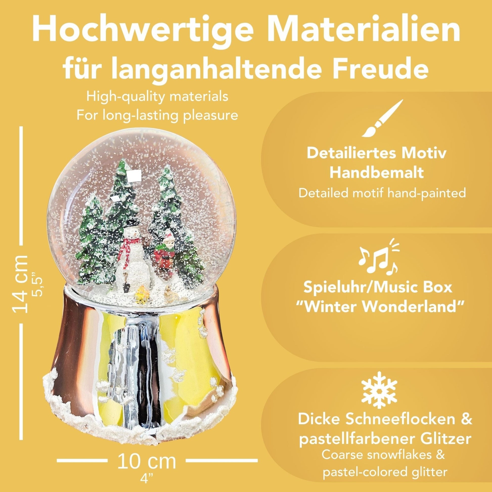 Nostalgische Schneekugel Schneemann steht auf Silber Sockel mit Schneeflocken 100 mm Durchmesser mit Spieluhr - Schneekugelhaus