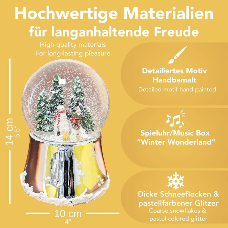Nostalgische Schneekugel Schneemann steht auf Silber Sockel mit Schneeflocken 100 mm Durchmesser mit Spieluhr - Schneekugelhaus