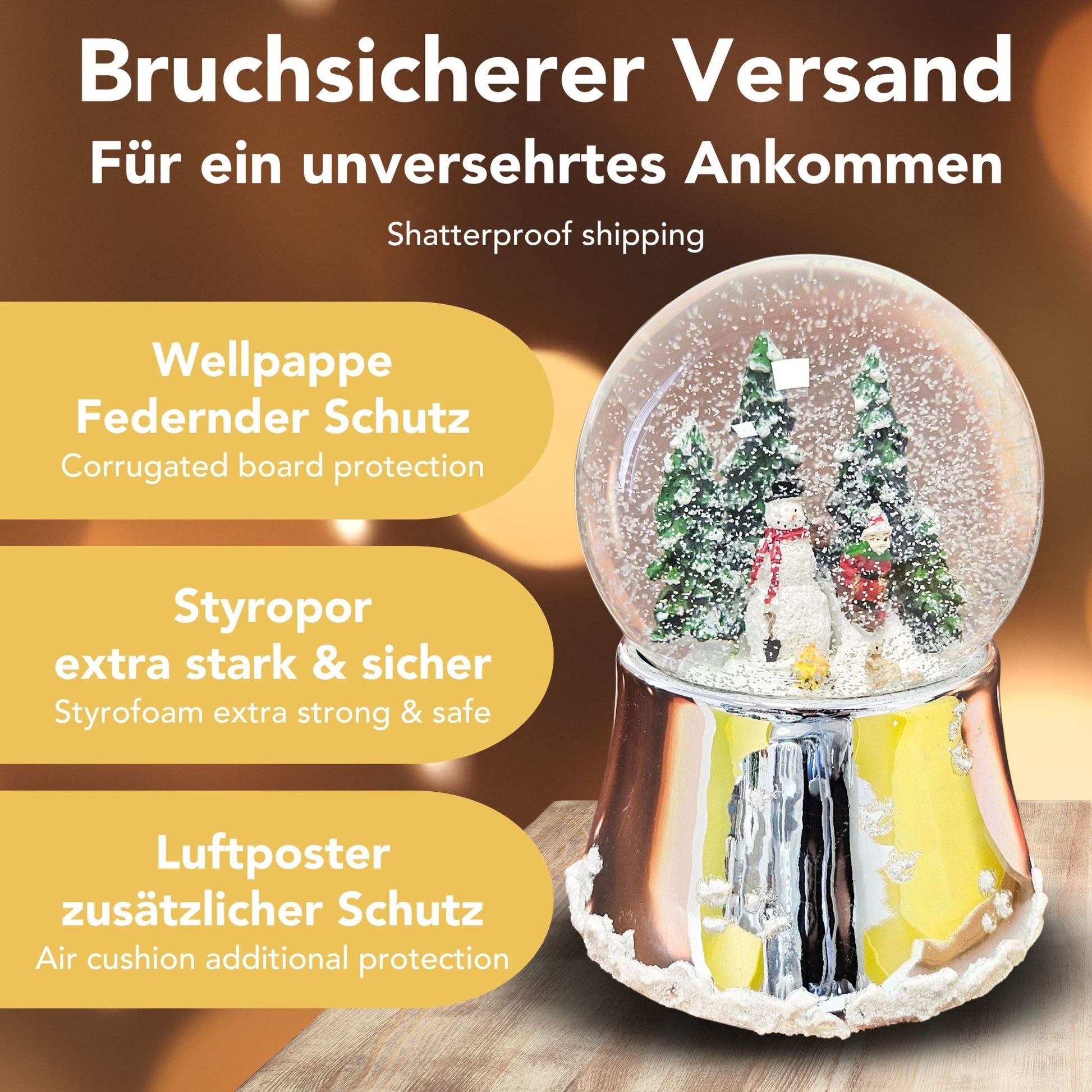 Nostalgische Schneekugel Schneemann steht auf Silber Sockel mit Schneeflocken 100 mm Durchmesser mit Spieluhr - Schneekugelhaus
