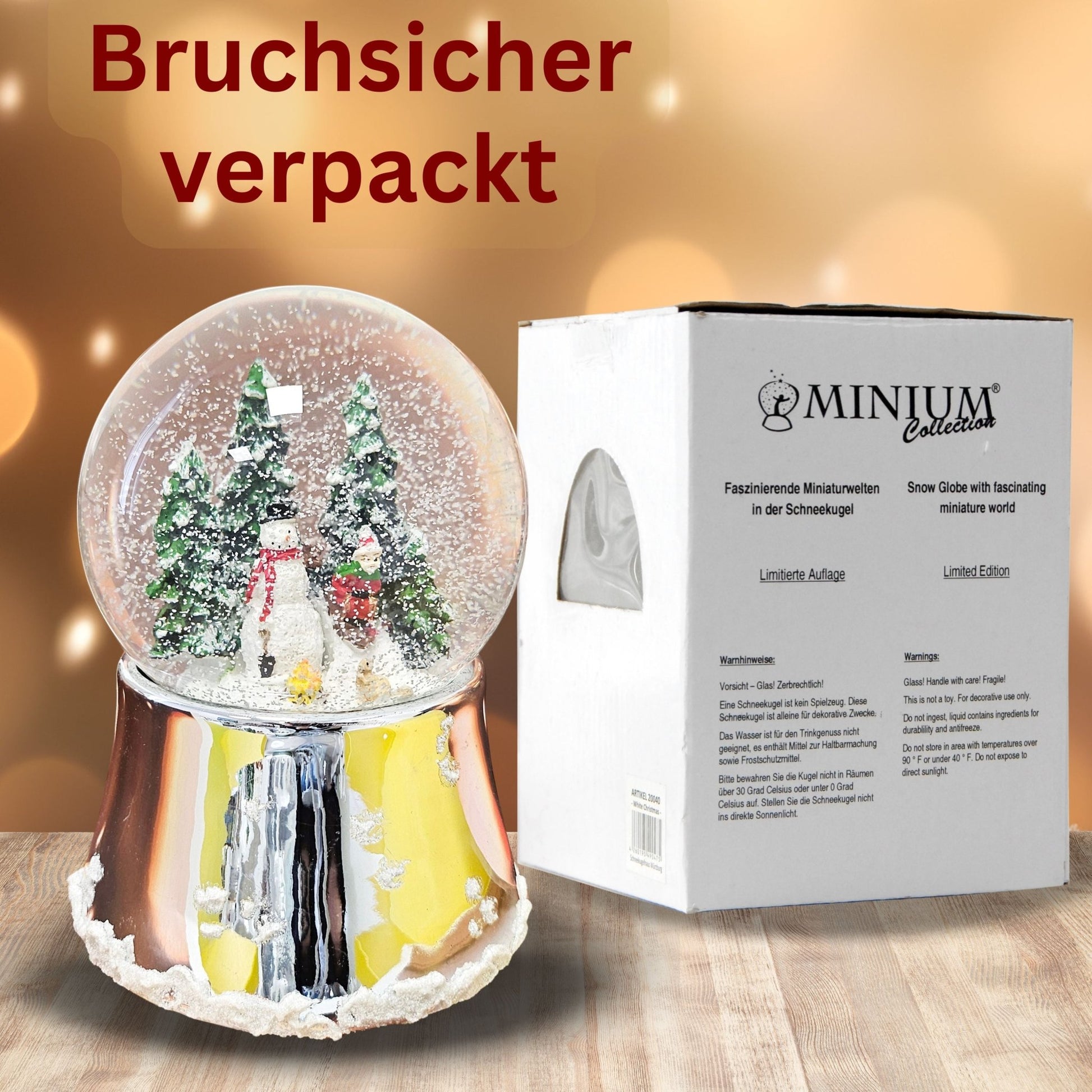 Nostalgische Schneekugel Schneemann steht auf Silber Sockel mit Schneeflocken 100 mm Durchmesser mit Spieluhr - Schneekugelhaus