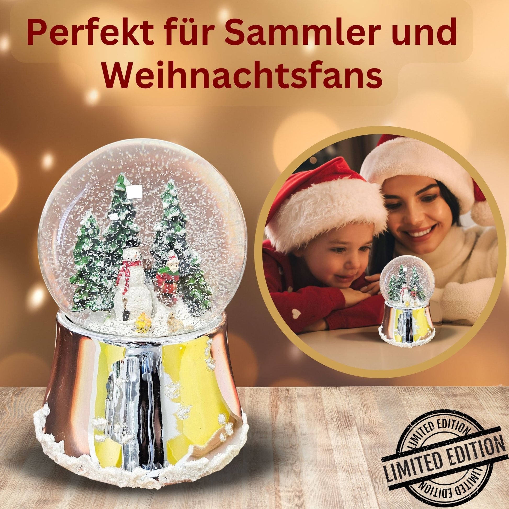 Nostalgische Schneekugel Schneemann steht auf Silber Sockel mit Schneeflocken 100 mm Durchmesser mit Spieluhr - Schneekugelhaus