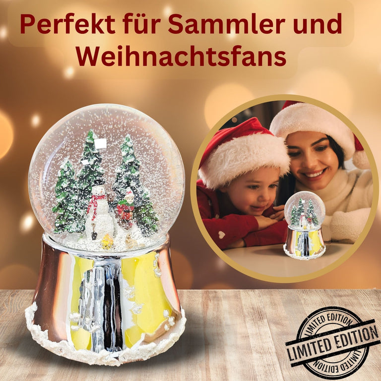 Nostalgische Schneekugel Schneemann steht auf Silber Sockel mit Schneeflocken 100 mm Durchmesser mit Spieluhr - Schneekugelhaus