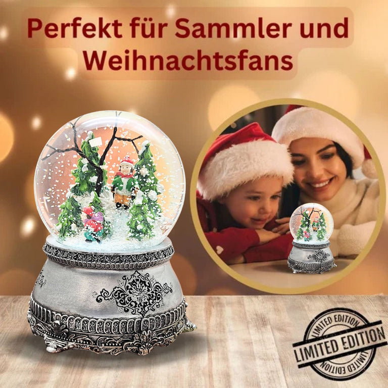 Nostalgische Schneekugel Skifahrer auf Zinn - Sockel 100 mm Durchmesser mit Spieluhr - Schneekugelhaus
