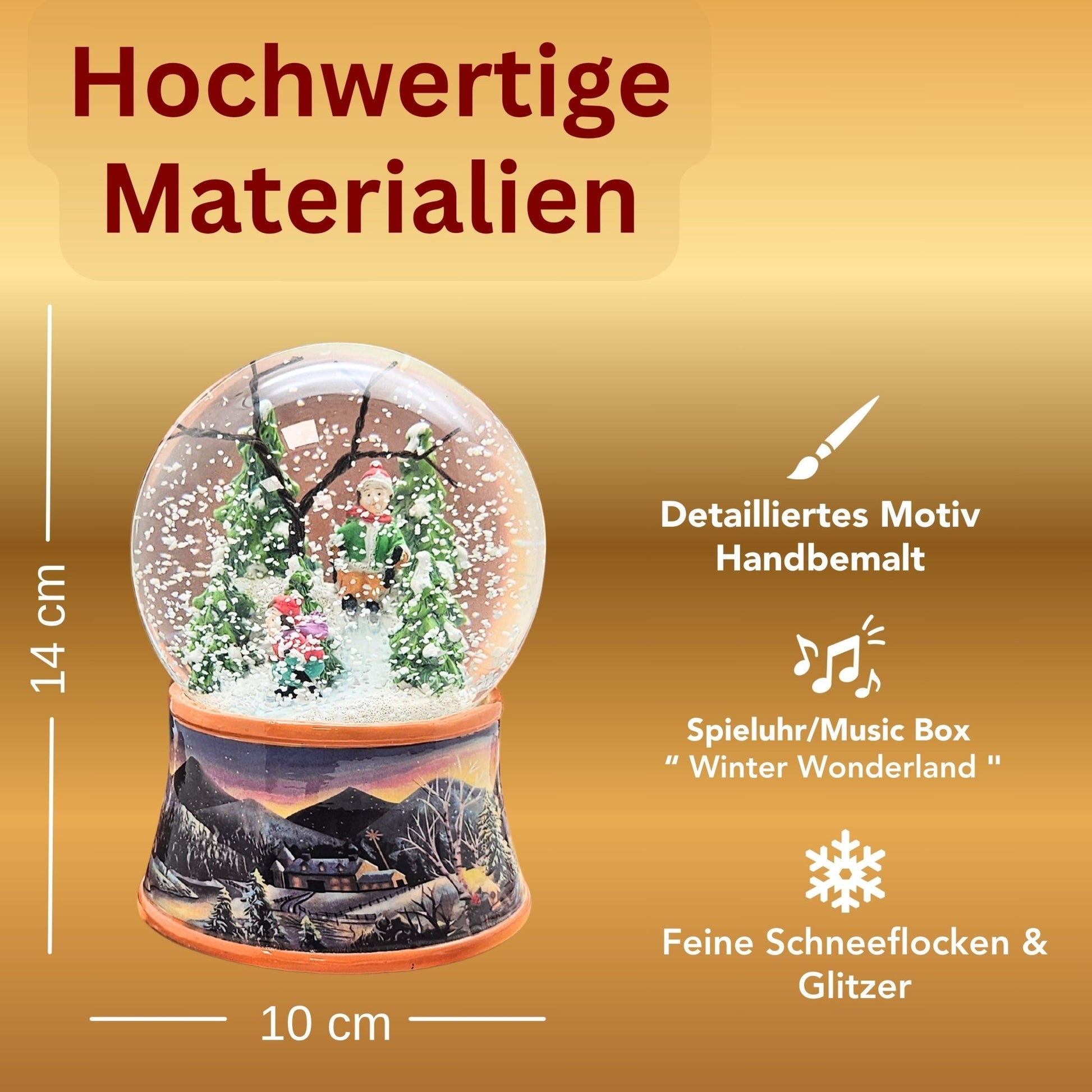 Nostalgische Schneekugel Skifahrer schmücken auf Sockel Winterlandschaft ocker 100 mm Durchmesser mit Spieluhr - Schneekugelhaus