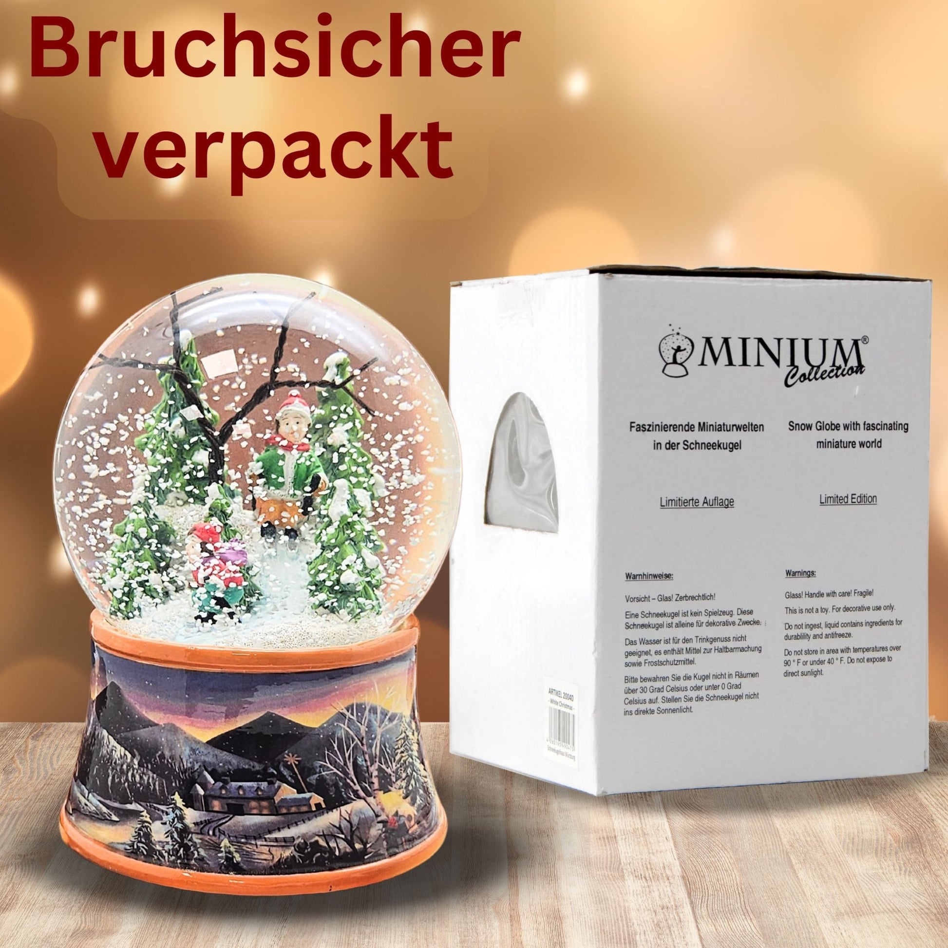 Nostalgische Schneekugel Skifahrer schmücken auf Sockel Winterlandschaft ocker 100 mm Durchmesser mit Spieluhr - Schneekugelhaus