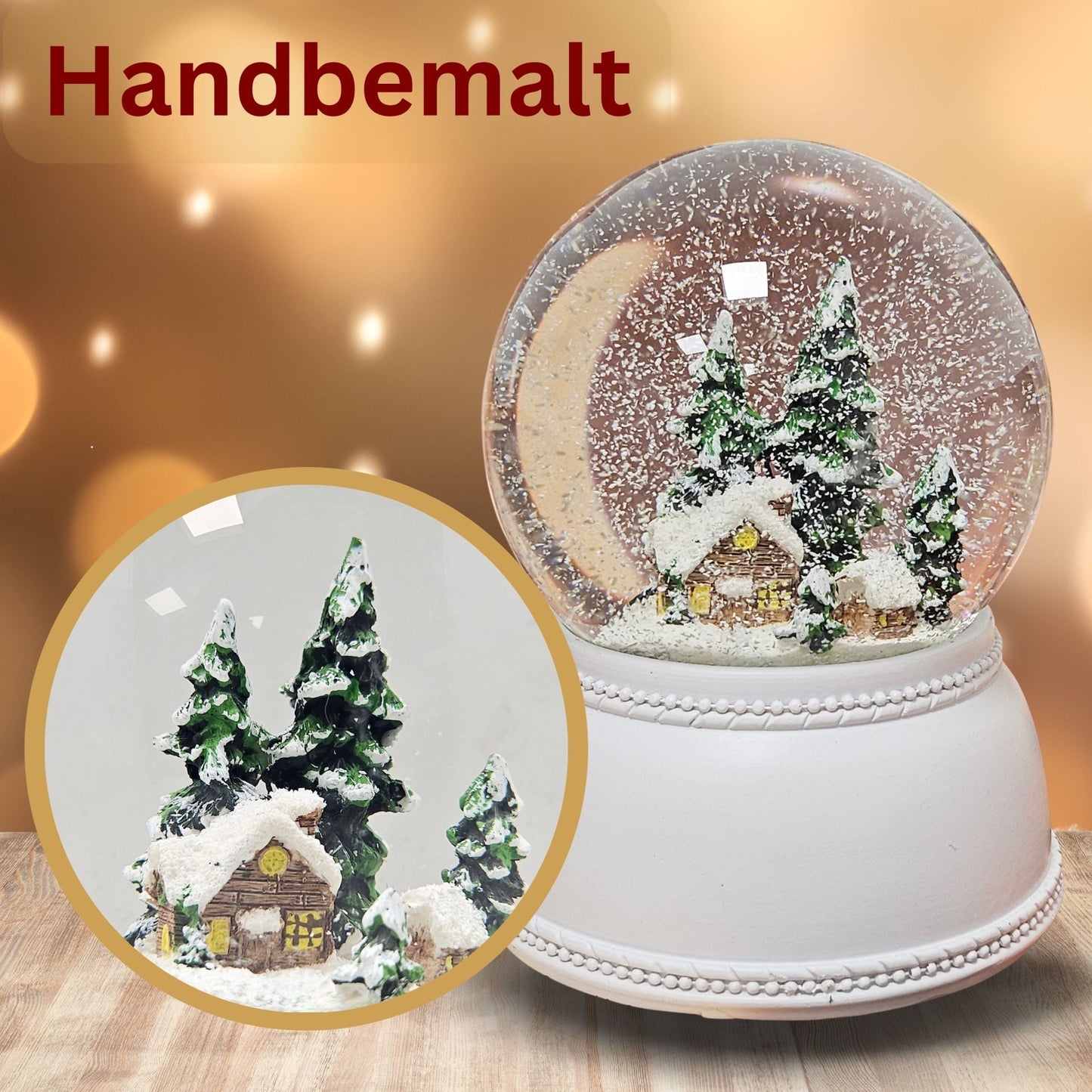 Nostalgische Schneekugel verschneite Berghütte auf Sockel weiß Nostalgie 100 mm Durchmesser mit Spieluhr - Schneekugelhaus