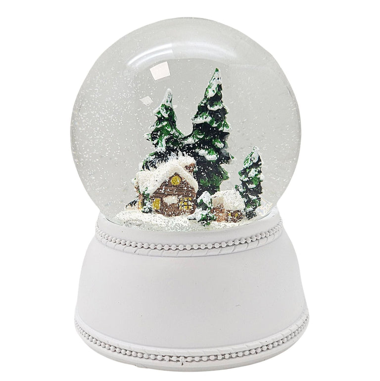 Nostalgische Schneekugel verschneite Berghütte auf Sockel weiß Nostalgie 100 mm Durchmesser mit Spieluhr - Schneekugelhaus