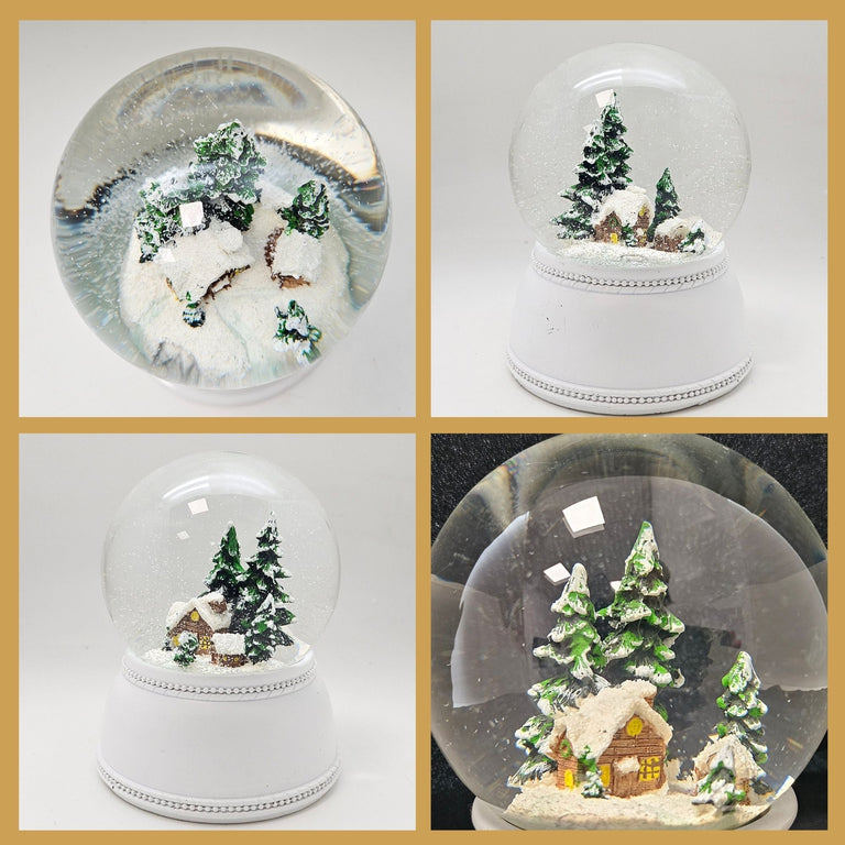 Nostalgische Schneekugel verschneite Berghütte auf Sockel weiß Nostalgie 100 mm Durchmesser mit Spieluhr - Schneekugelhaus