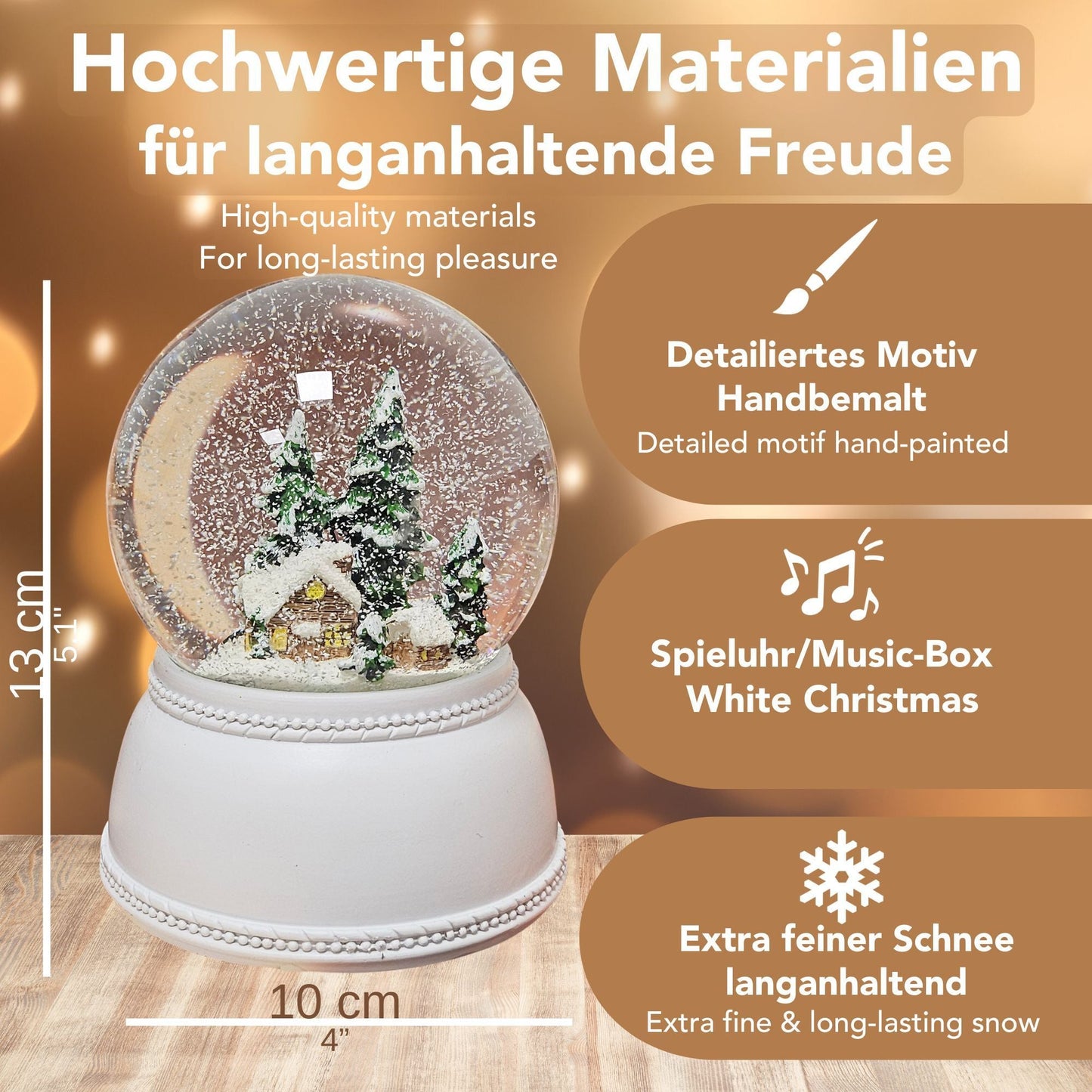 Nostalgische Schneekugel verschneite Berghütte auf Sockel weiß Nostalgie 100 mm Durchmesser mit Spieluhr - Schneekugelhaus