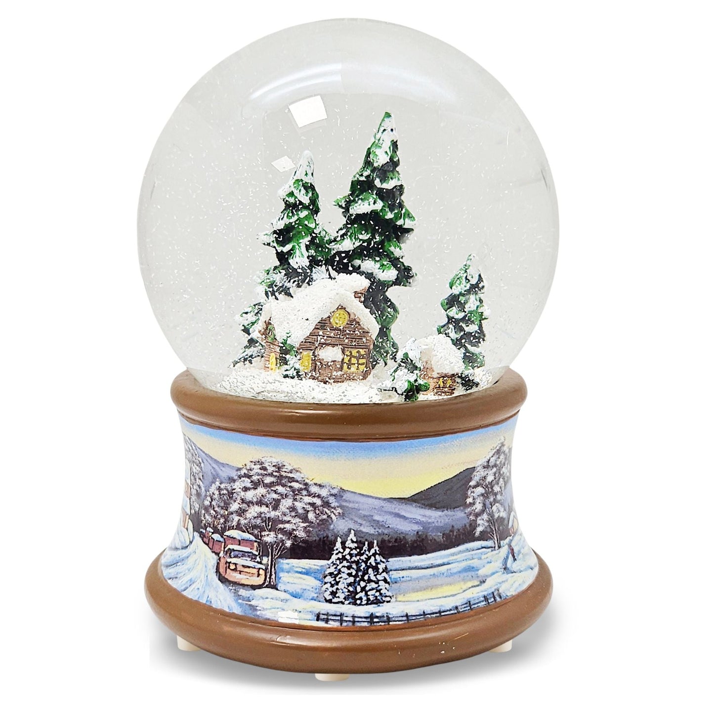 Nostalgische Schneekugel Verschneite Winterhütte auf Winterlandschaft braun 100 mm Durchmesser mit Spieluhr - Schneekugelhaus