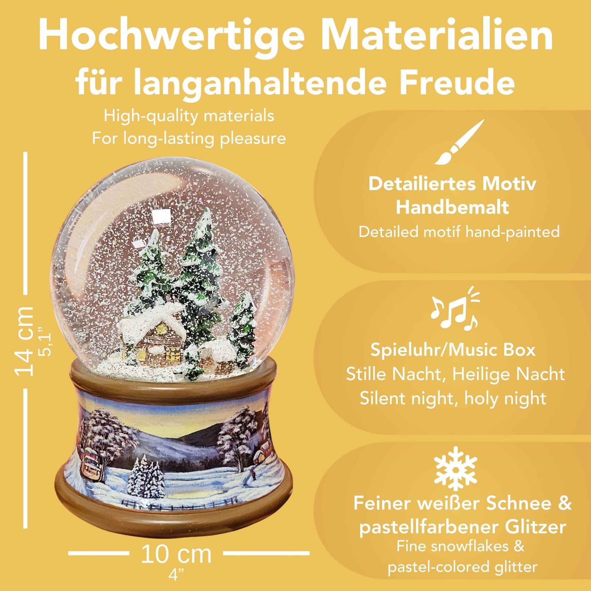 Nostalgische Schneekugel Verschneite Winterhütte auf Winterlandschaft braun 100 mm Durchmesser mit Spieluhr - Schneekugelhaus
