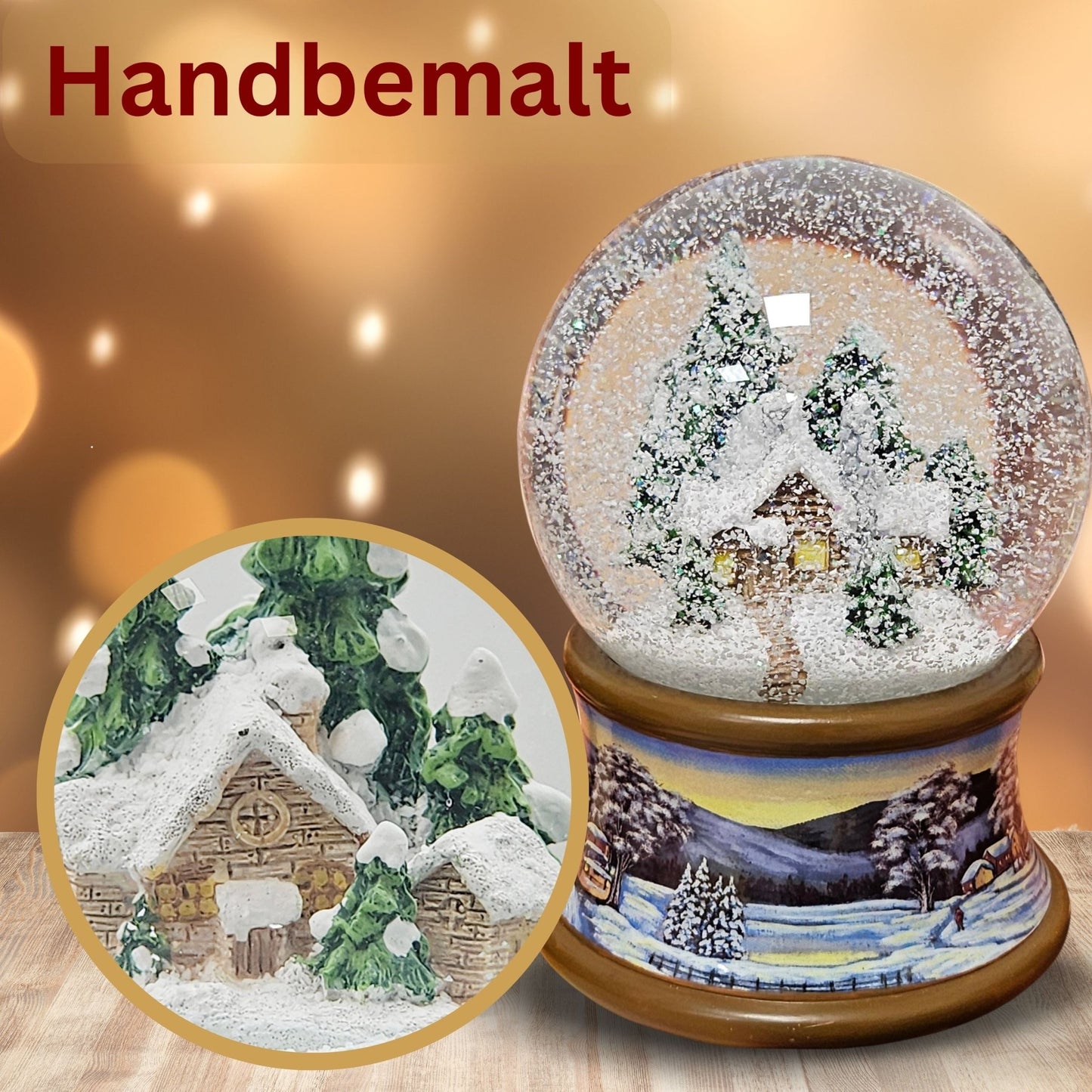 Nostalgische Schneekugel Verschneite Winterhütte auf Winterlandschaft braun 100 mm Durchmesser mit Spieluhr (Kopie) - Schneekugelhaus