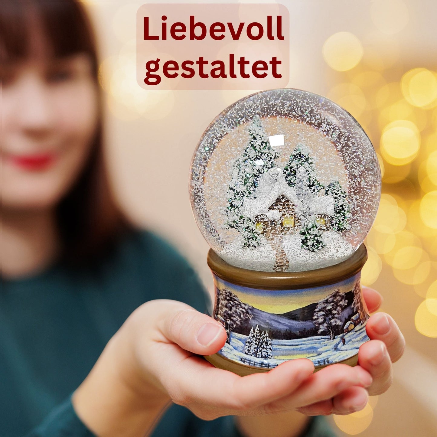 Nostalgische Schneekugel Verschneite Winterhütte auf Winterlandschaft braun 100 mm Durchmesser mit Spieluhr (Kopie) - Schneekugelhaus