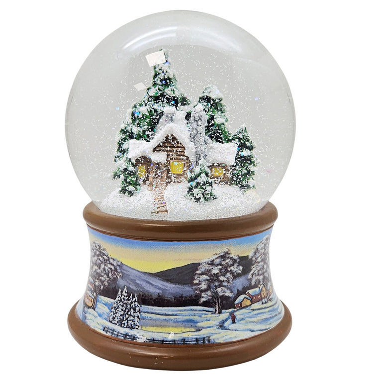 Nostalgische Schneekugel Verschneite Winterhütte auf Winterlandschaft braun 100 mm Durchmesser mit Spieluhr (Kopie) - Schneekugelhaus