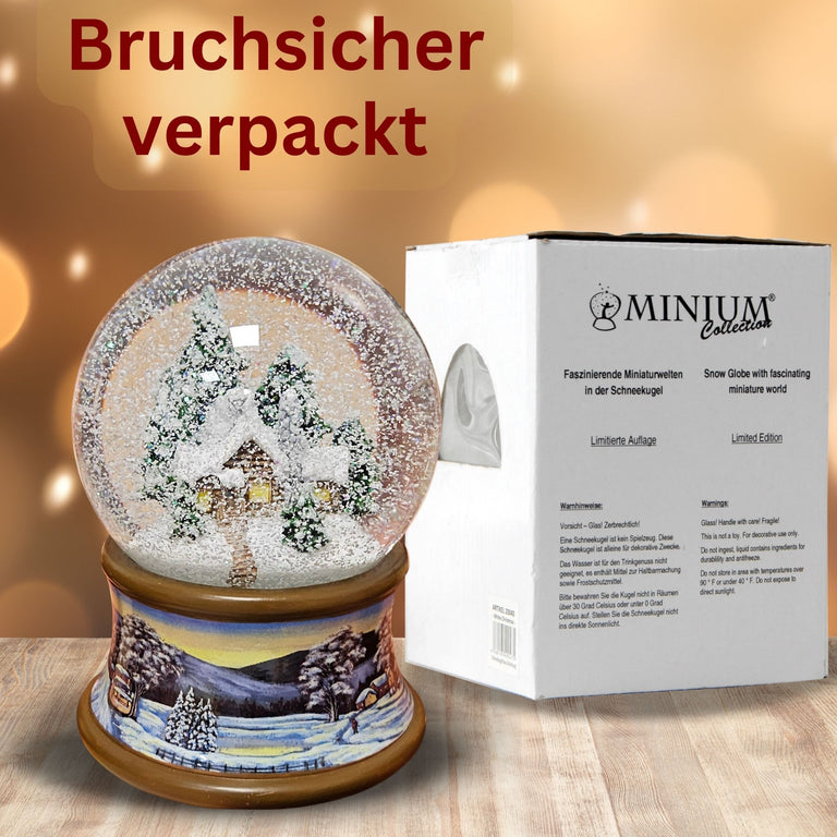 Nostalgische Schneekugel Verschneite Winterhütte auf Winterlandschaft braun 100 mm Durchmesser mit Spieluhr (Kopie) - Schneekugelhaus