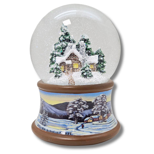 Nostalgische Schneekugel Verschneite Winterhütte auf Winterlandschaft braunton 100 mm Durchmesser mit Spieluhr - Schneekugelhaus