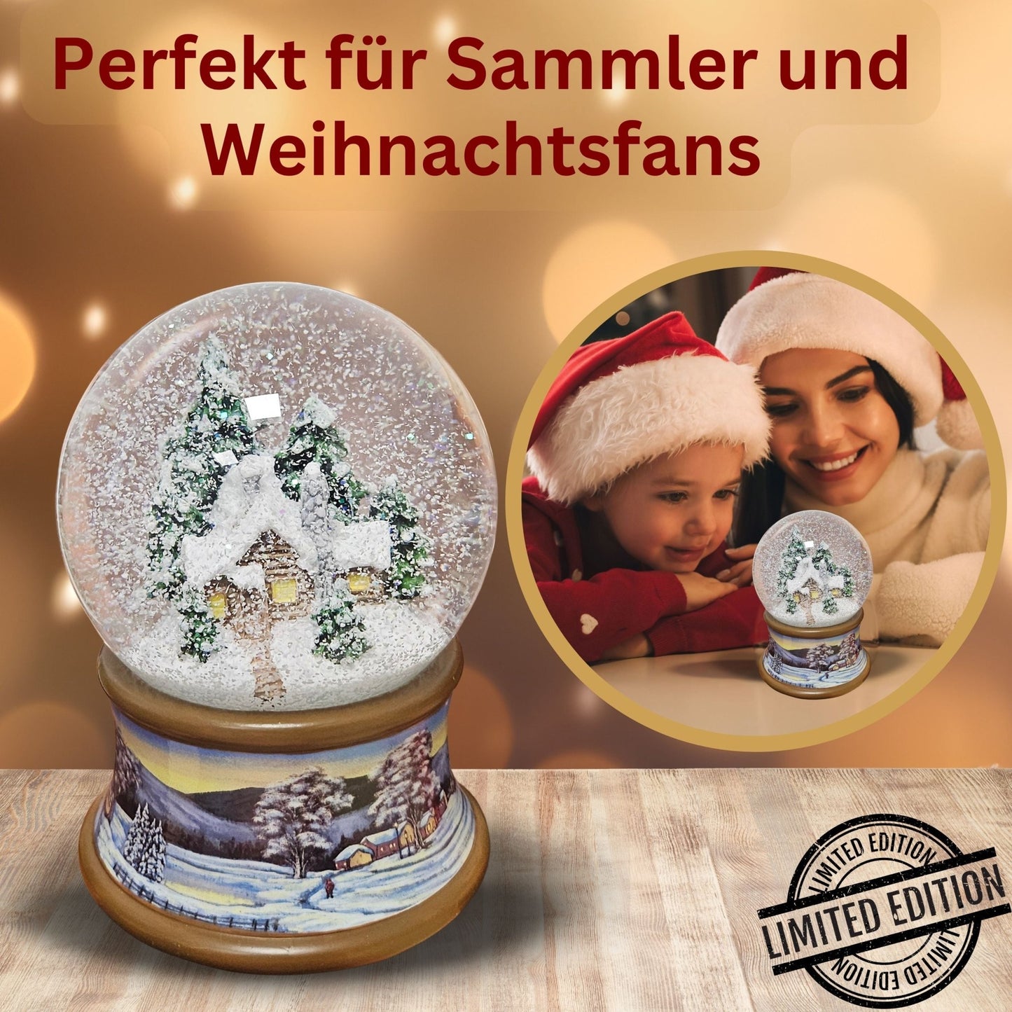 Nostalgische Schneekugel Verschneite Winterhütte auf Winterlandschaft braunton 100 mm Durchmesser mit Spieluhr - Schneekugelhaus
