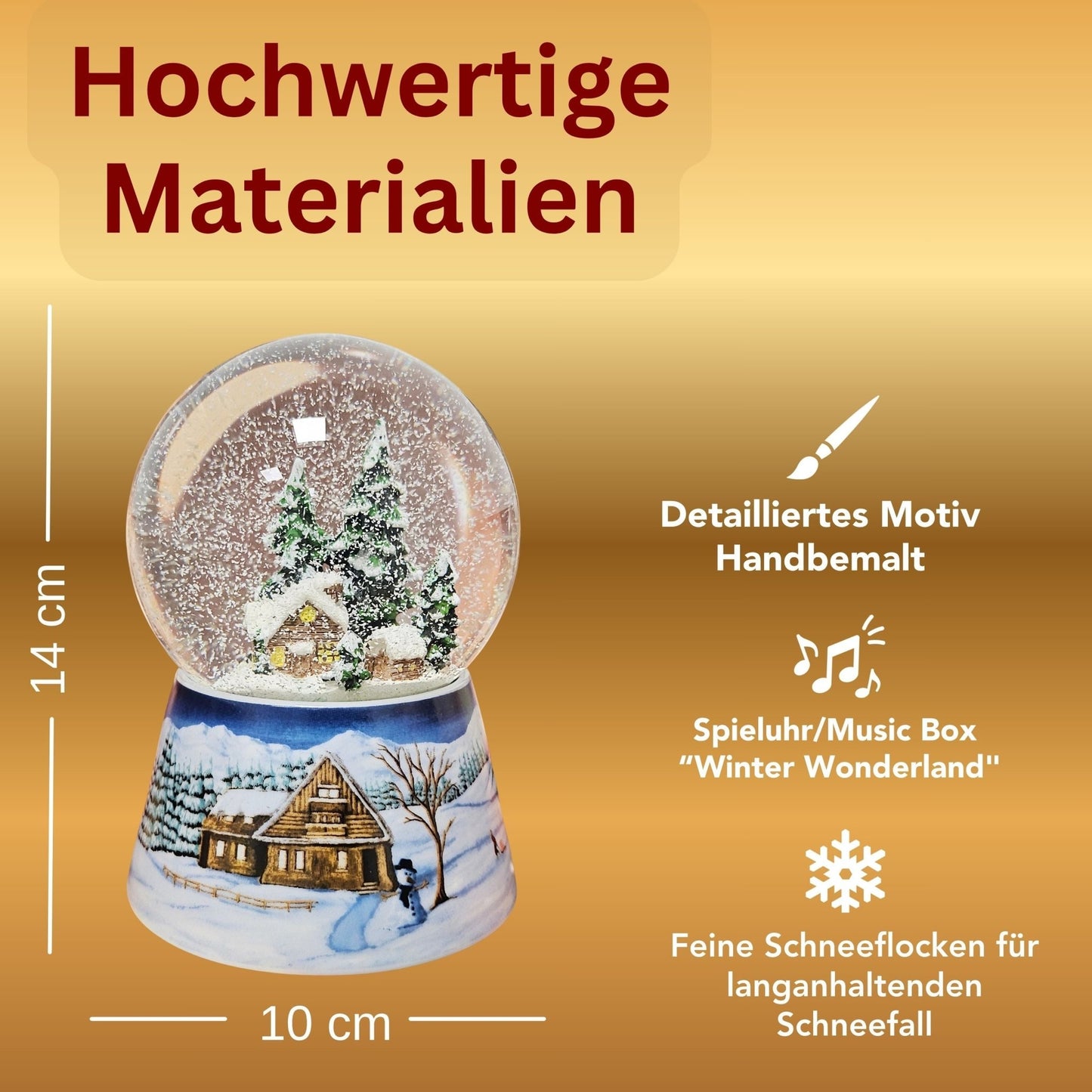 Nostalgische Schneekugel Verschneite Winterhütte auf Winterlandschaft mittelblau 100 mm Durchmesser mit Spieluhr - Schneekugelhaus