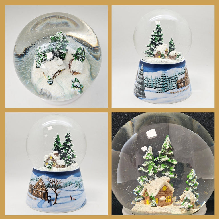 Nostalgische Schneekugel Verschneite Winterhütte auf Winterlandschaft mittelblau 100 mm Durchmesser mit Spieluhr - Schneekugelhaus