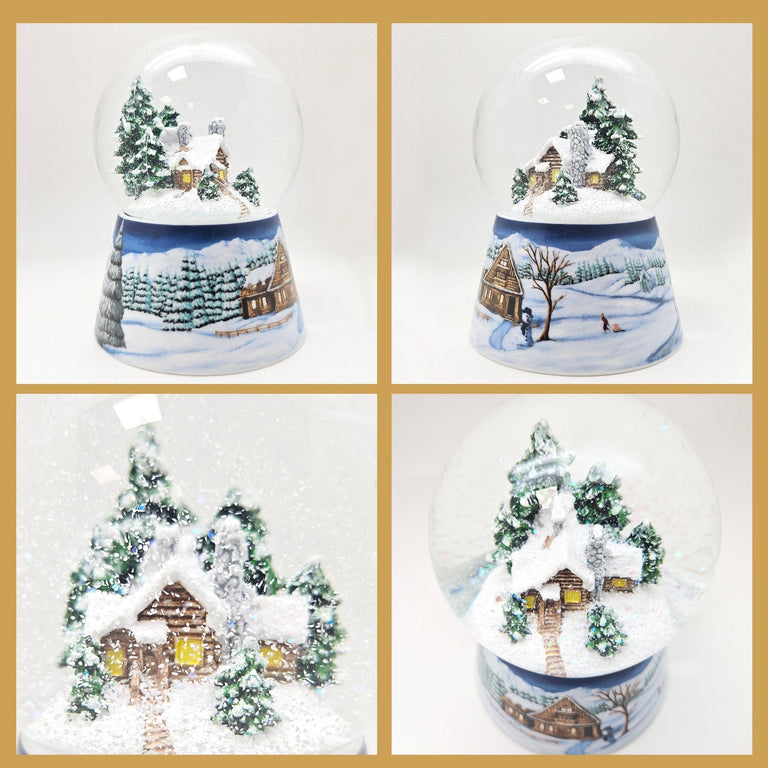 Nostalgische Schneekugel Verschneite Winterhütte auf Winterlandschaft mittelblau 100 mm Durchmesser mit Spieluhr - Schneekugelhaus