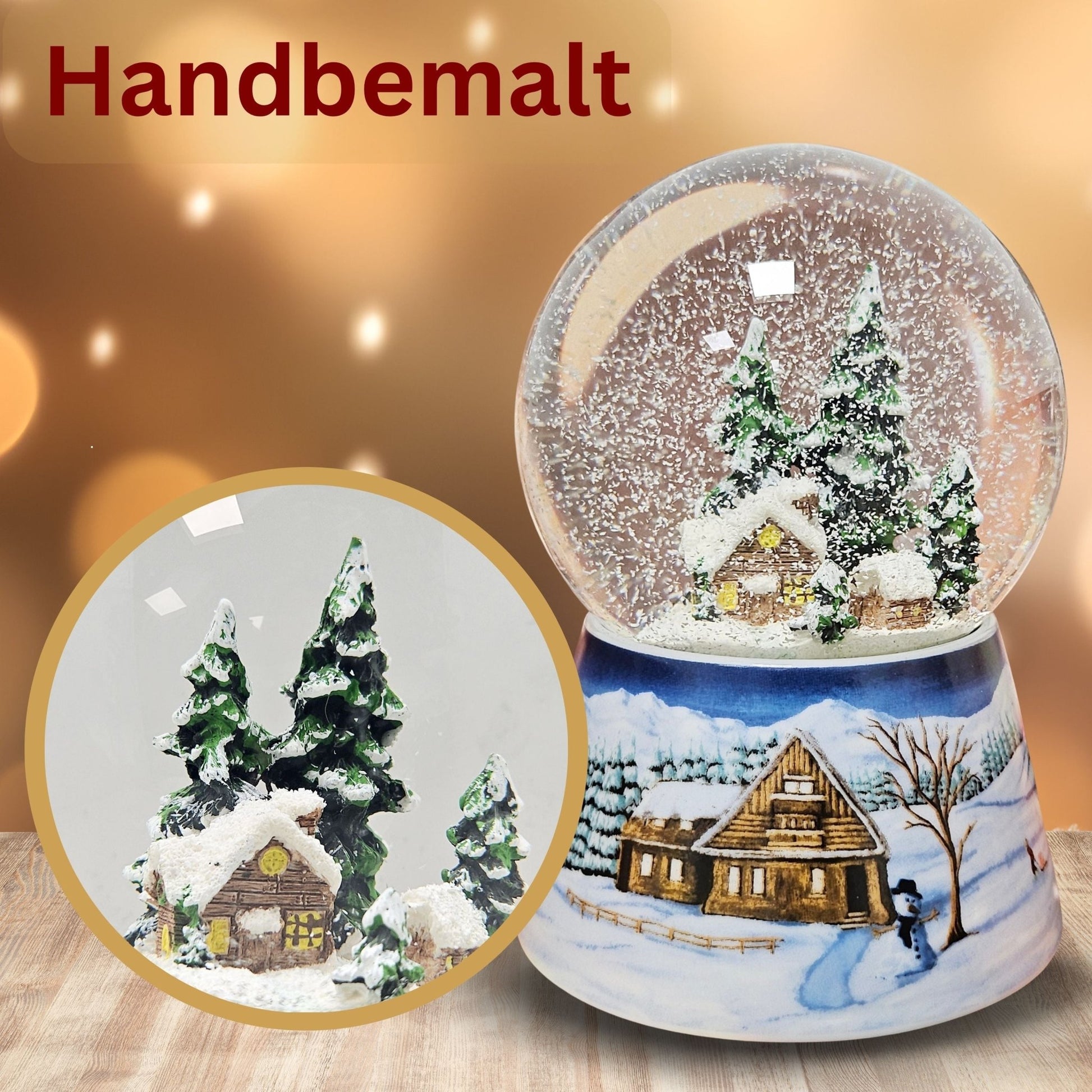 Nostalgische Schneekugel Verschneite Winterhütte auf Winterlandschaft mittelblau 100 mm Durchmesser mit Spieluhr - Schneekugelhaus