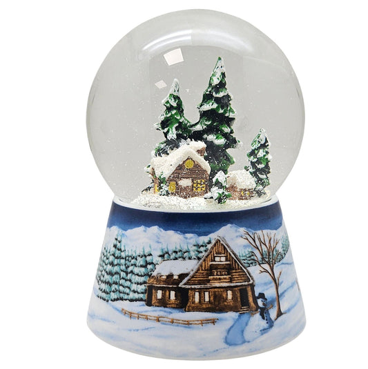 Nostalgische Schneekugel Verschneite Winterhütte auf Winterlandschaft mittelblau 100 mm Durchmesser mit Spieluhr - Schneekugelhaus