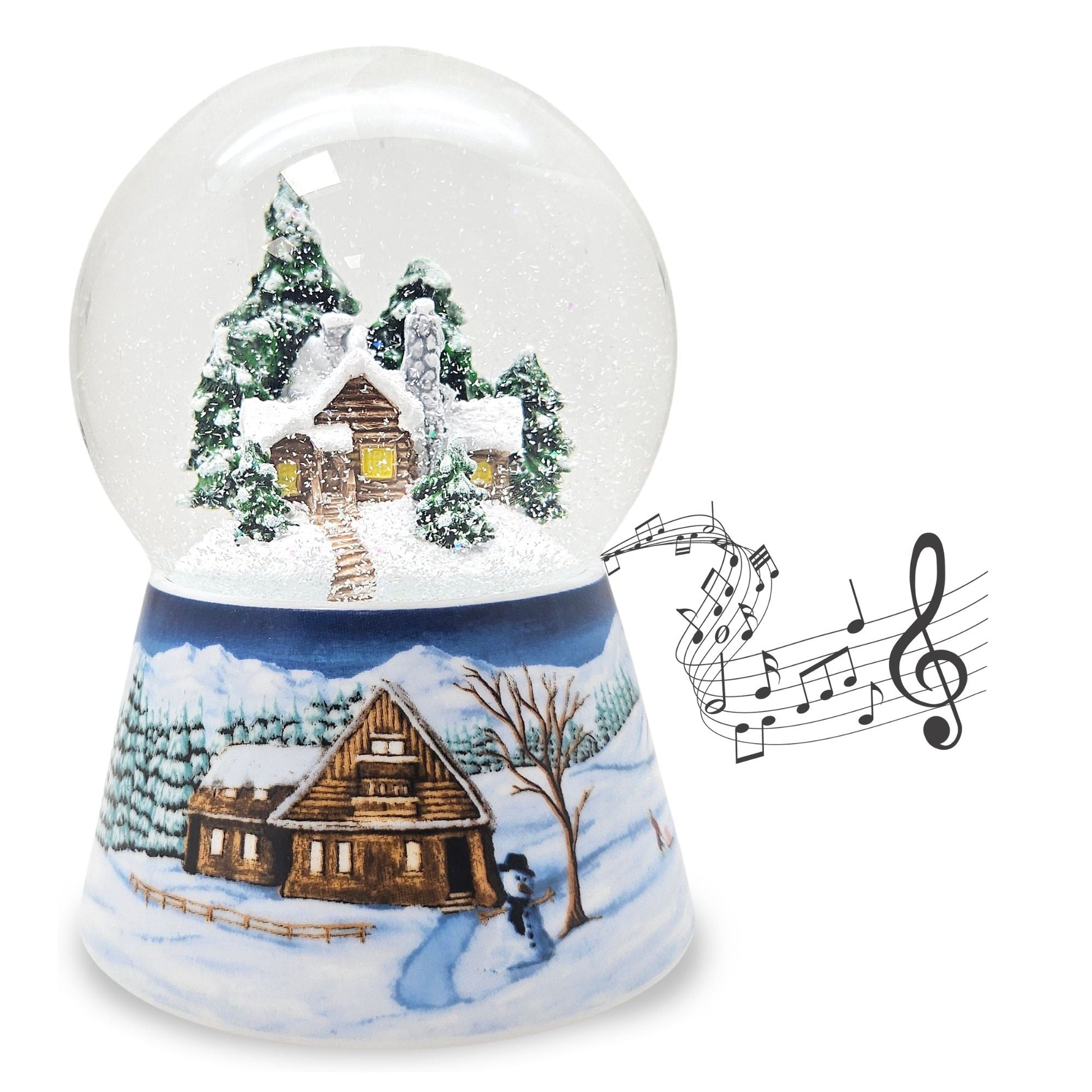 Nostalgische Schneekugel Verschneite Winterhütte auf Winterlandschaft mittelblau 100 mm Durchmesser mit Spieluhr - Schneekugelhaus